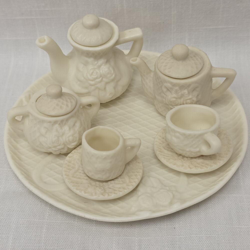 Vintage Miniature Ceramic Tea Set Dollhouse White Floral 11 Pc Tray Teapot Cups